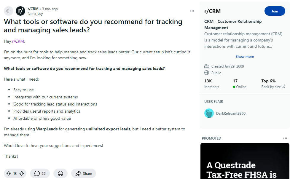 A Redditor asks the r/CRM community which tools they use for managing and tracking leads