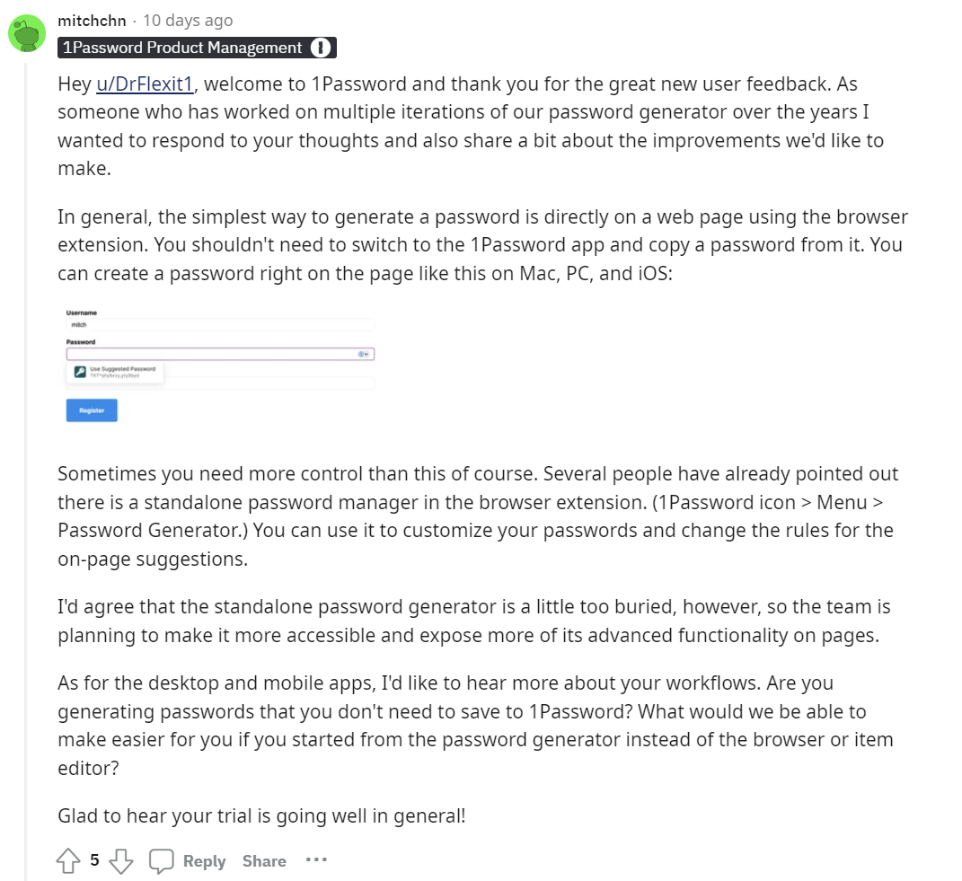 A member of the 1Password team provides an in-depth, thoughtful response to a post from a current product user in the r/1Password sub