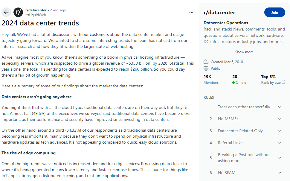 Thought leadership post about 2024 industry trends in the r/datacenter subreddit