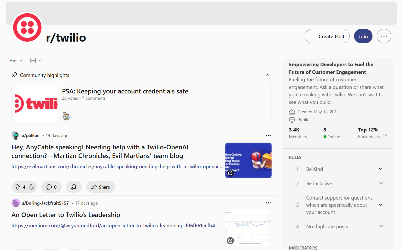 Snapshot of the r/Twilio branded feed showing the top "hot" posts