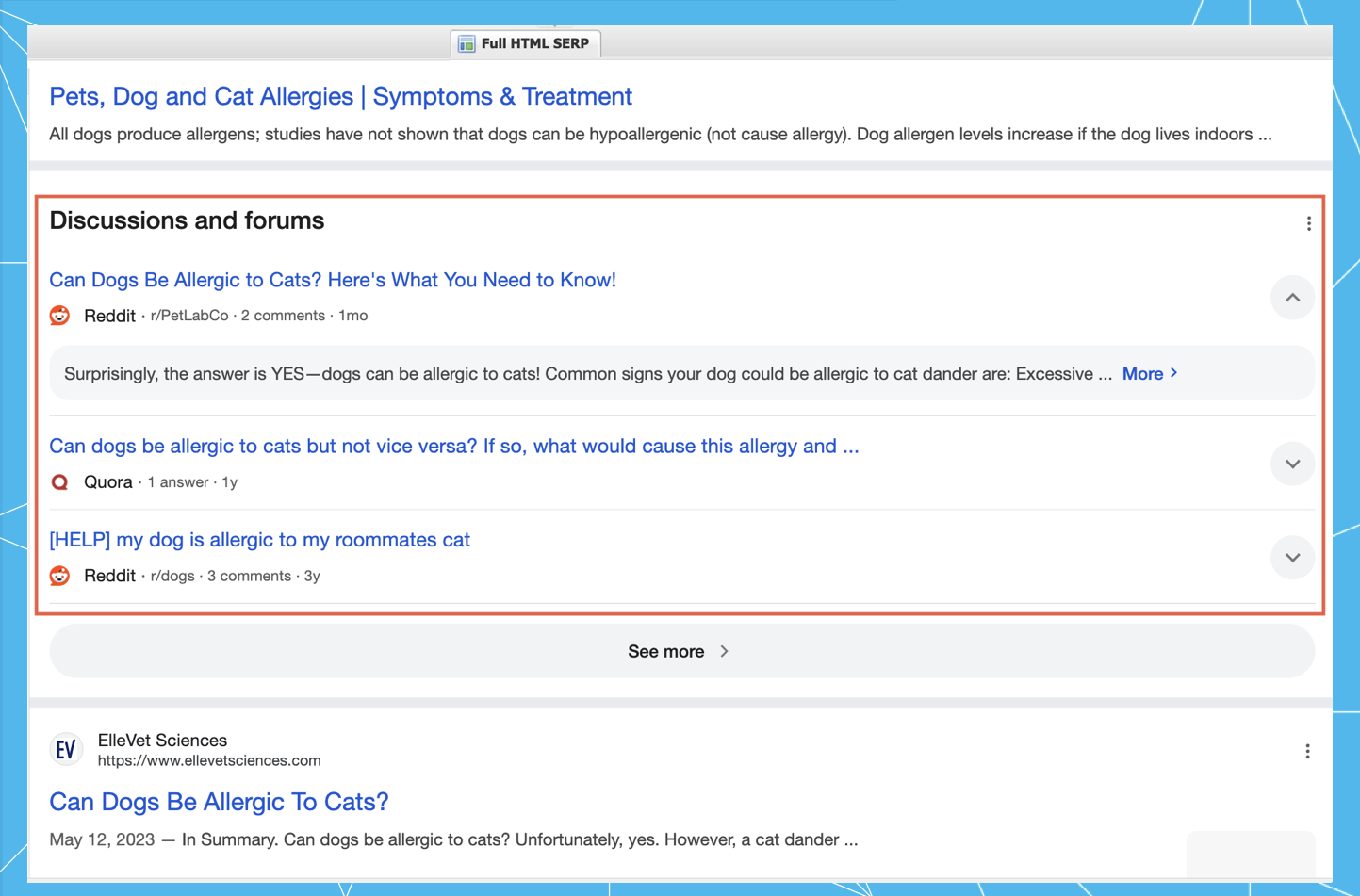 Snapshot of a STAT Full HTML SERP for pet allergies on Reddit.