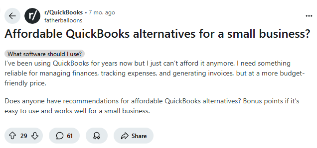 Mining a Reddit thread about Quickbooks alternatives for keywords and insights.