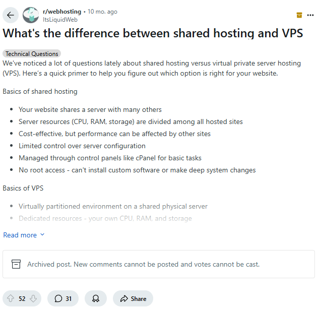 An education post in r/webhosting driving upvotes and comments