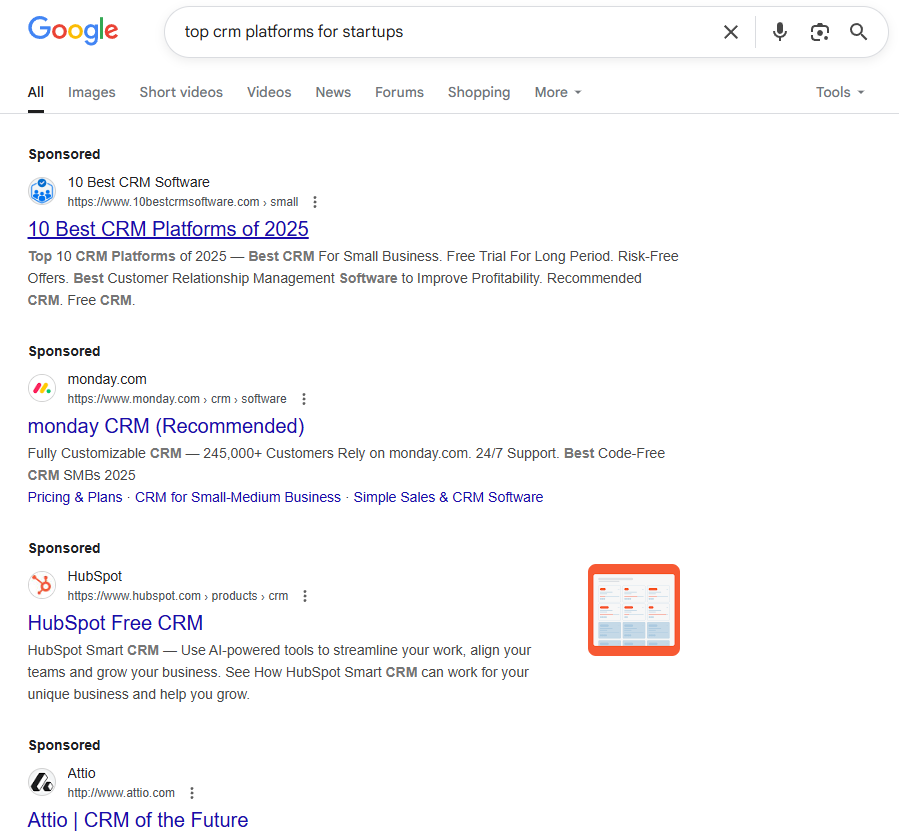 Google SERP for "top crm platforms for startups"