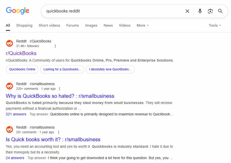 "Quickbooks +Reddit" search in Google to uncover relevant subreddits like r/smallbusiness and r/Quickbooks