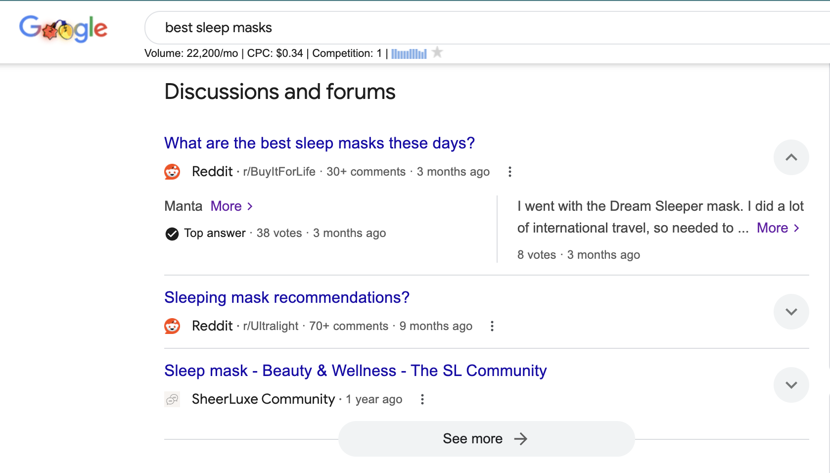 The SERP for "best sleep masks" includes multiple Reddit URLs