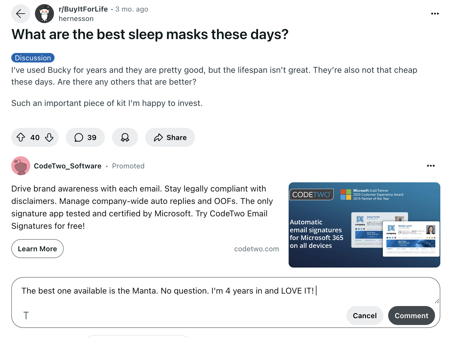 A trending post in r/BuyItForLife asking "what are the best sleep masks these days?"