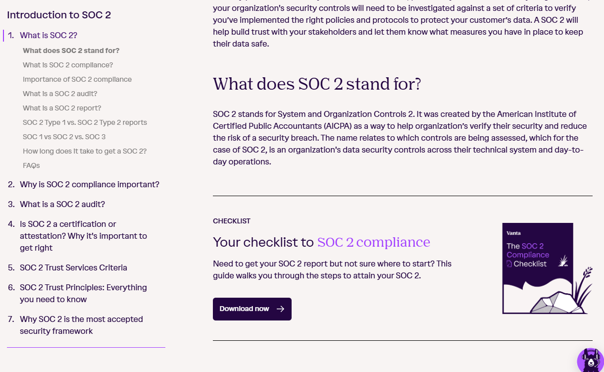 A screenshot of the Intro to SOC 2 page on the Vanta website