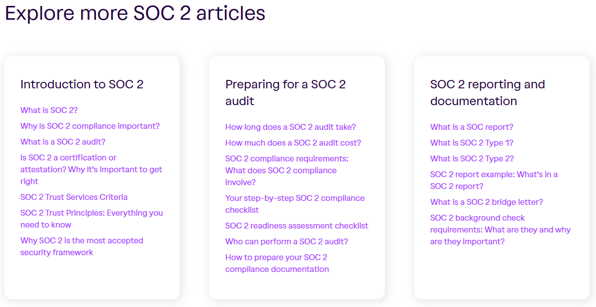 3 examples of content blocks leading to more SOC 2 resources