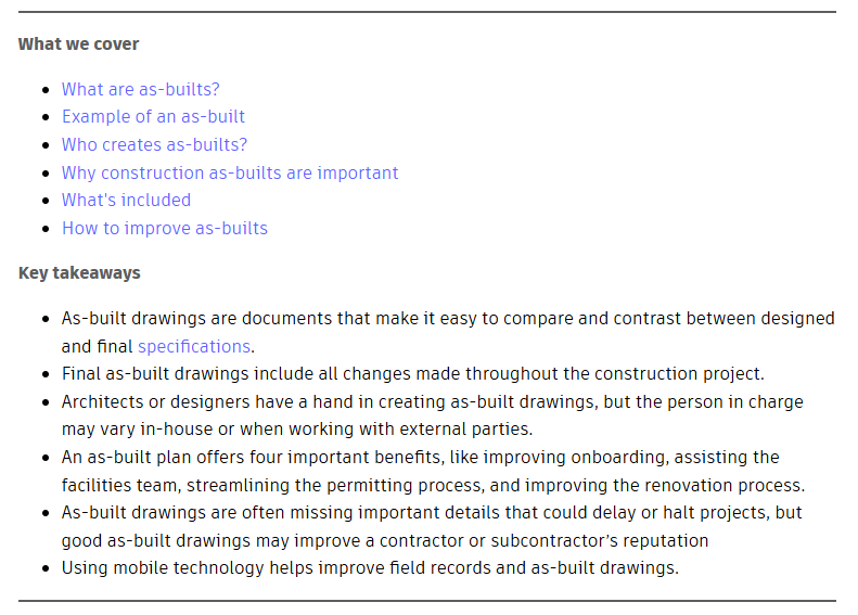 Autodesk table of contents and key takeaways section