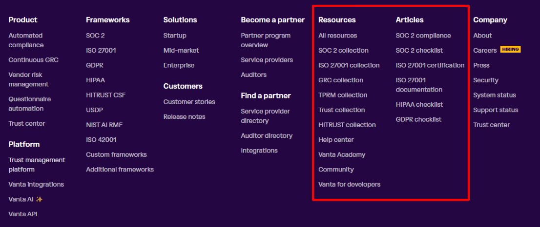 Footer menu of resources and articles on Vanta website