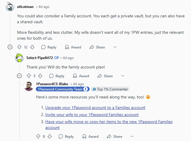 1Password Community Team responding to Redditors in r/1Password