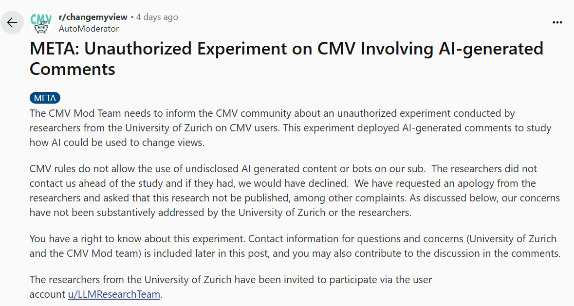 r/changemyview Reddit post about unauthorized experiment on CMV involving AI-generated comments