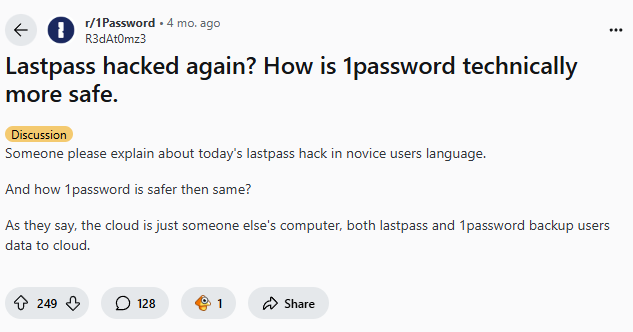 Discussion post in r/1Password about a major LastPass hack.