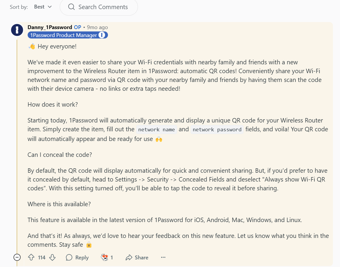 Pinned comment from a 1Password product manager on an announcement post
