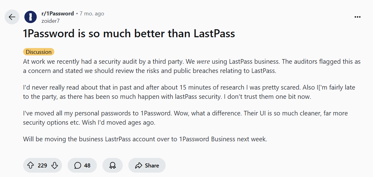 Post in r/1Password saying that "1Password is so much better than LastPass"