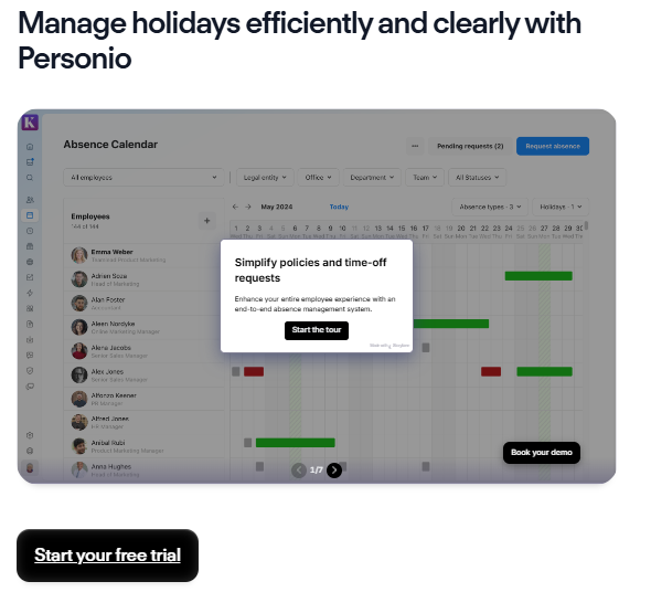 Personio inline policies and time-off request feature module with multiple CTAs