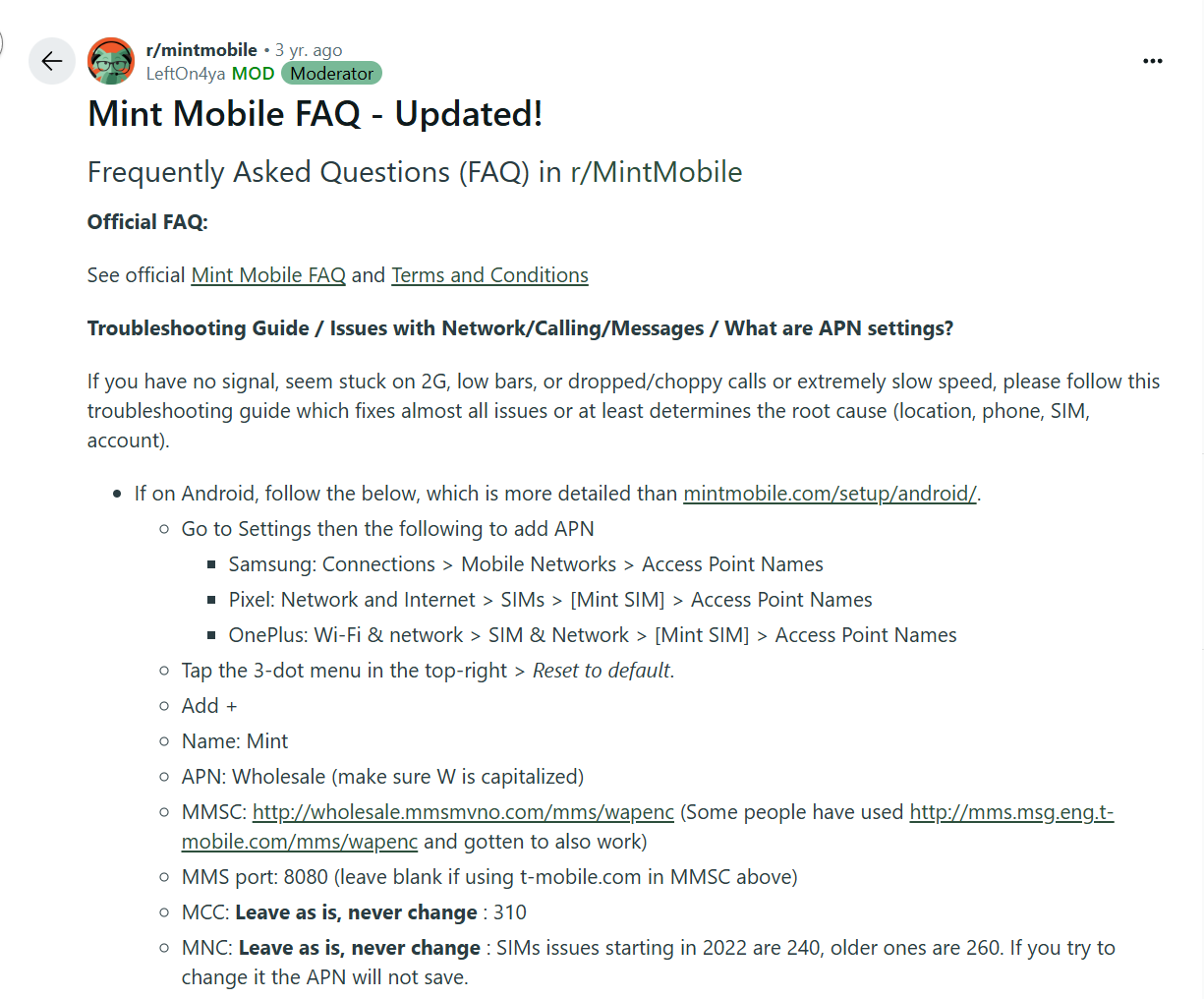 6,000 word FAQ post in r/mintmobile discussing technical issues, coverage mapping, how to access customer support, and more