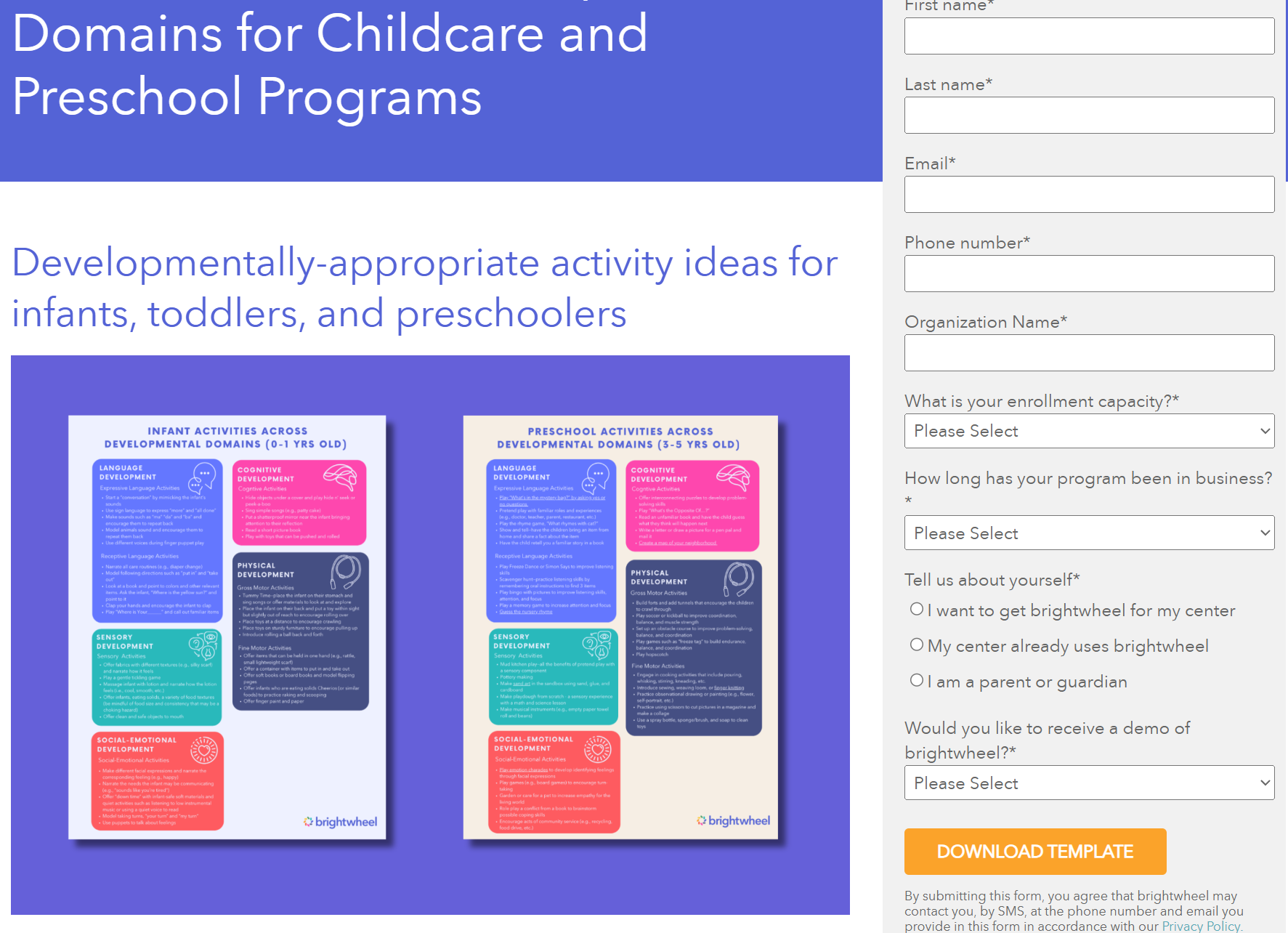 Extensive lead capture form gating access to brightwheel downloadable