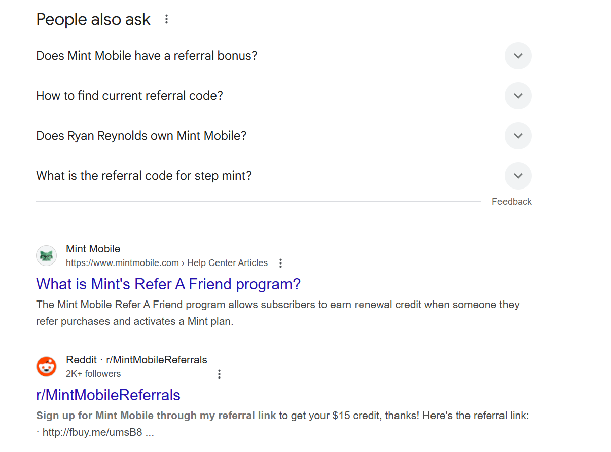 rMintMobileRefferals has the 5th position in the "mint mobile referrals" SERP