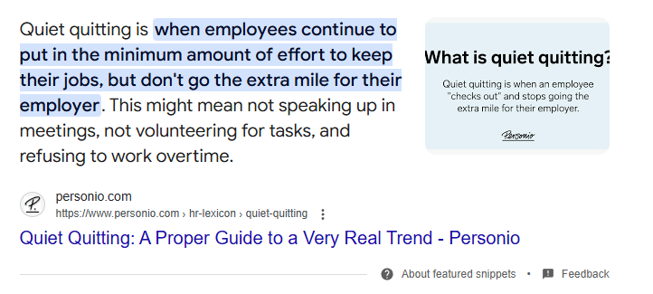 Personio featured snippet in the "what is quiet quitting" SERP