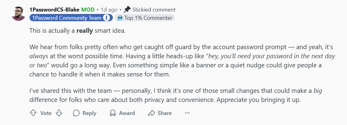 1Password Community Manager responses to feature request