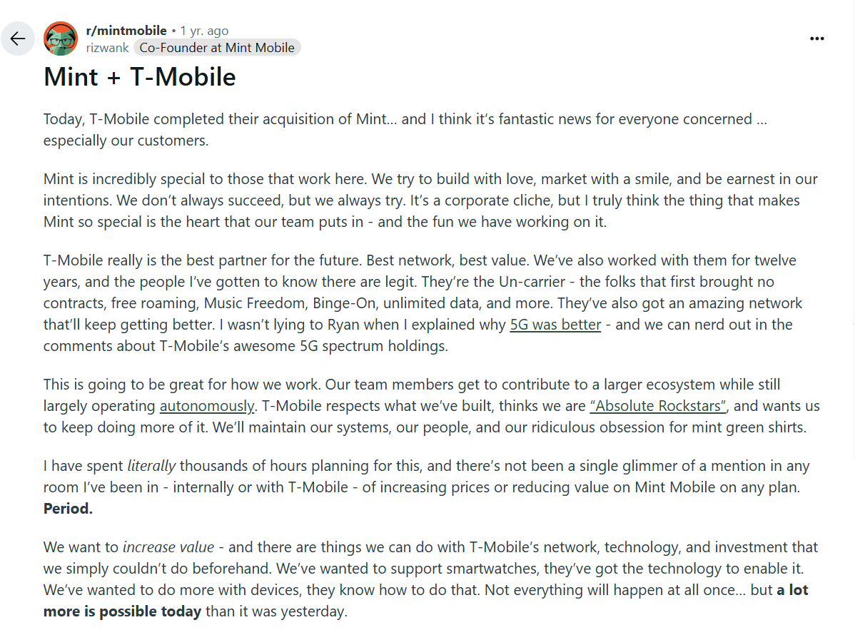Mint Mobile co-founder announces that T Mobile has acquired his company in a Reddit thread