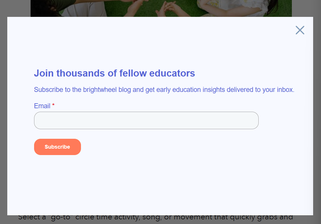 brightwheel mid-page newsletter signup popup