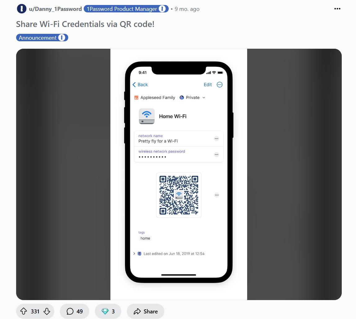 Announcement post from 1Password Product Manager