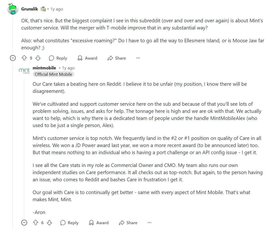 Former Mint Mobile CMO defends his customer care team in a Reddit thread