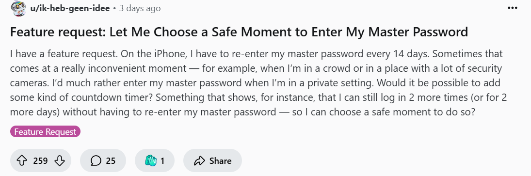 Feature Request post in r/1Password