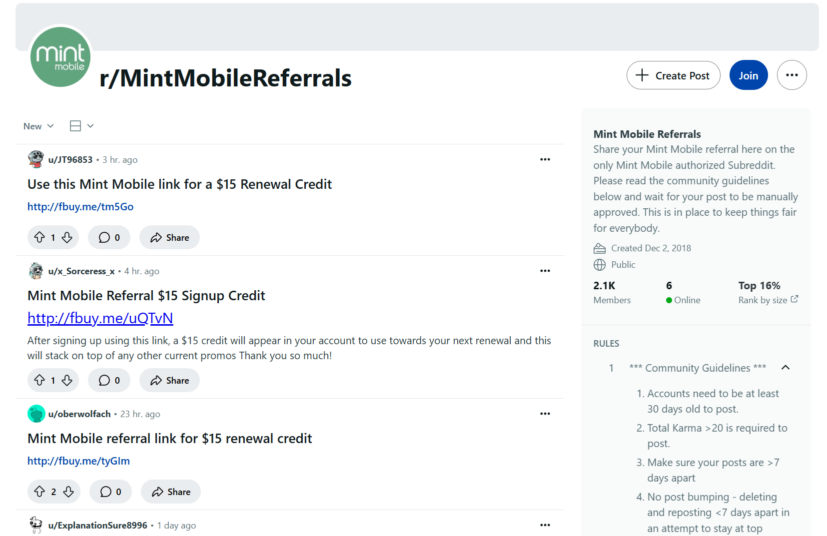 Mint Mobile's official referrals subreddit encourages customers to share their links in a structured way