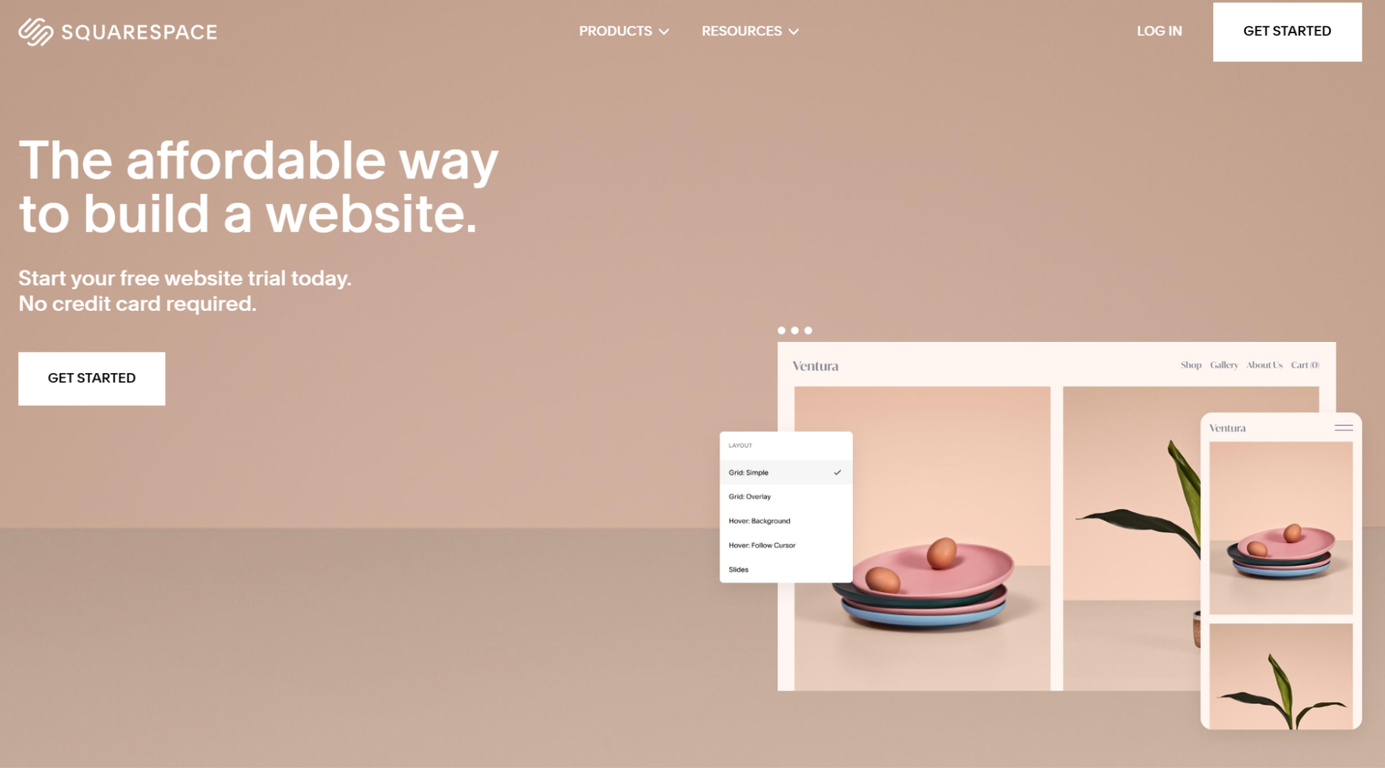 Squarespace "build a website" landing page