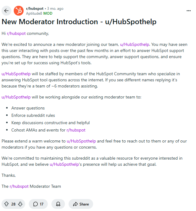 New Moderator Announcement in r/hubspot