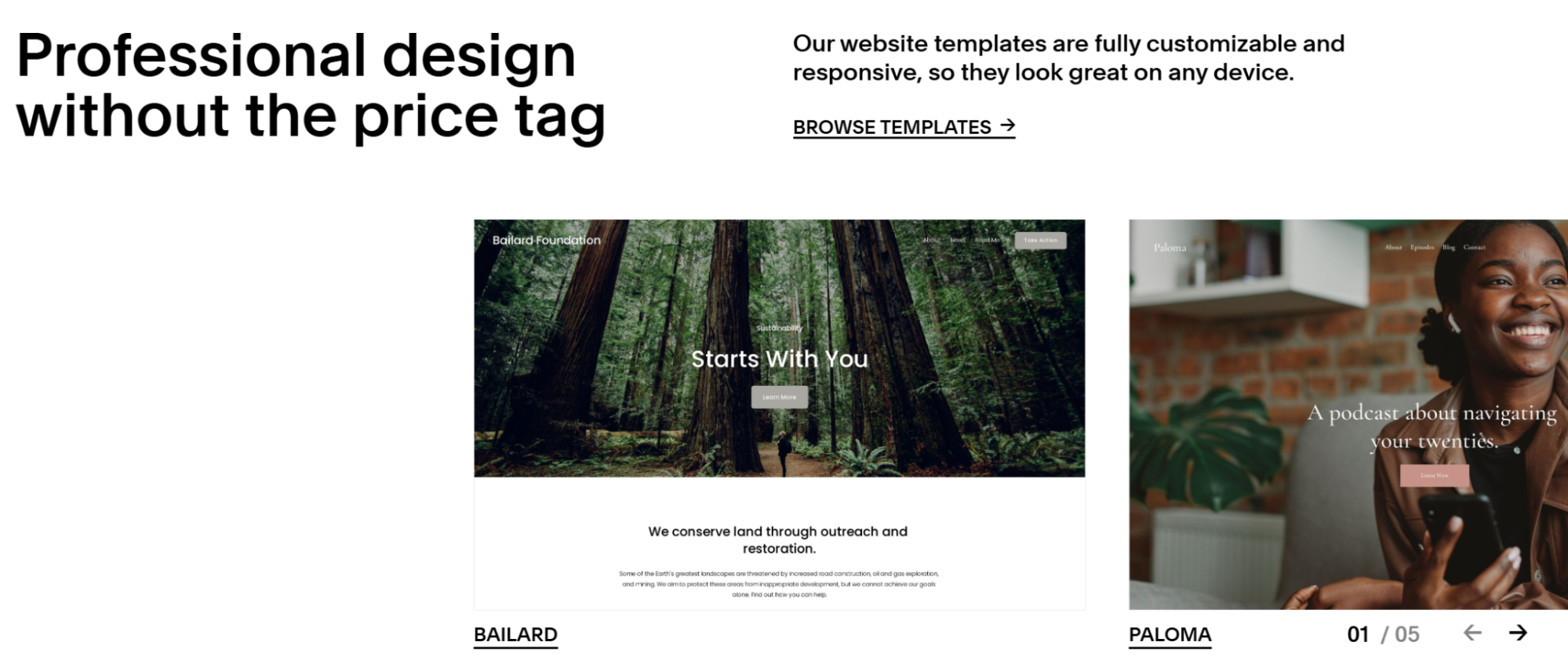 Squarespace "build a website" landing page template section