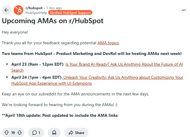 Upcoming AMA announcement by u/HubSpotHelp