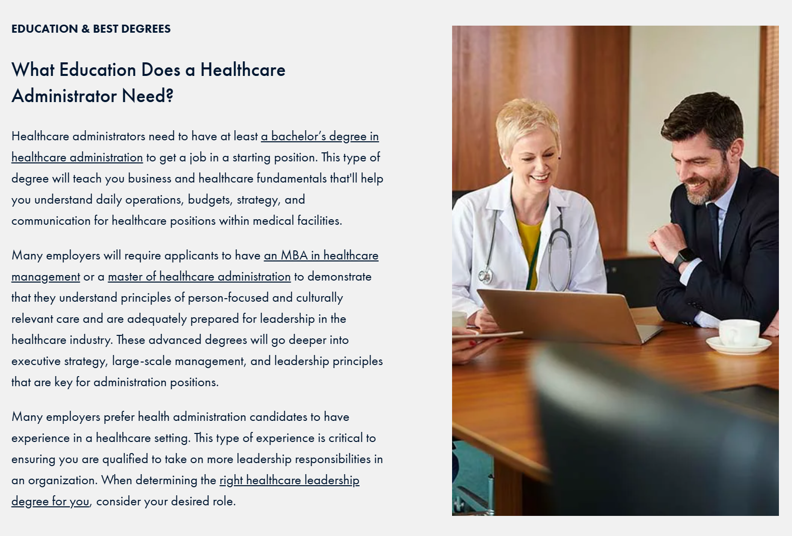 Education requirements for Healthcare Administrators