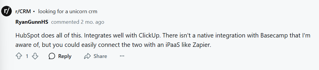 Ryan Gunn comment in r/CRM about HubSpot as the unicorn CRM