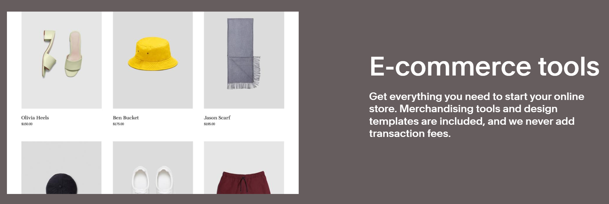 E-commerce tools section on Squarespace Free Website Builder landing page