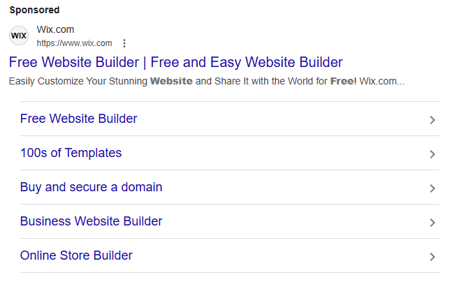 Wix "Free Website Builder" search ad