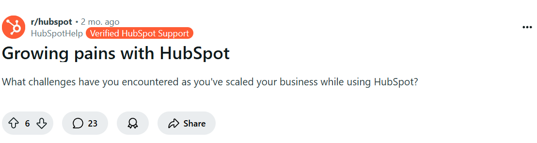 u/HubSpotHelp post about user growing pains