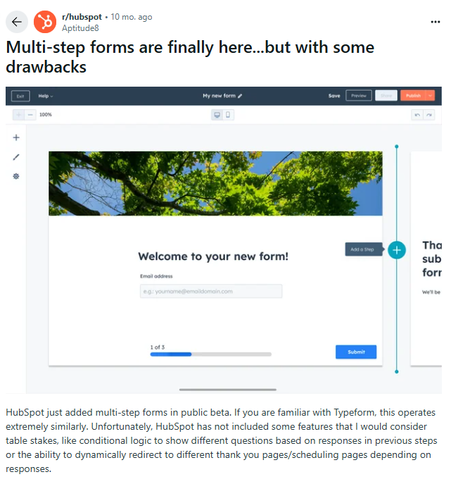 Ryan Gunn Reddit post announcing HubSpot multi-step forms