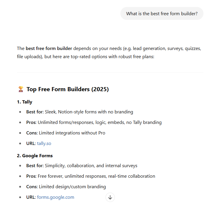 ChatGPT results for "what is the best free form builder?" listing Tally as the top option.