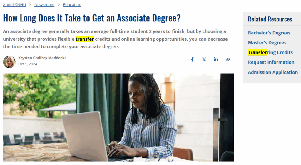 SNHU Newsroom page on the length of time it takes to get an associate degree.