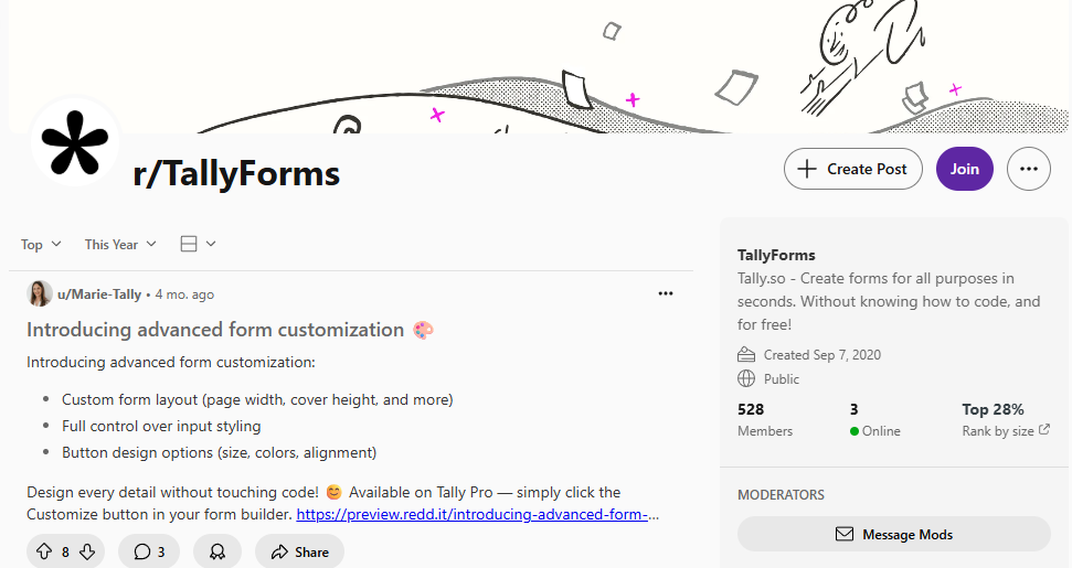 Tally's subreddit home feed