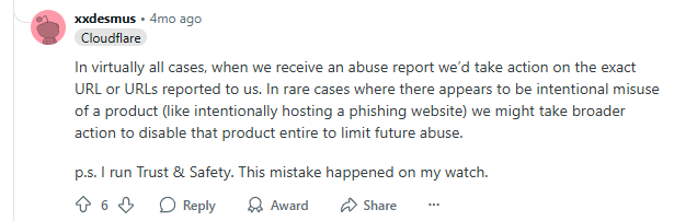 Cloudflare VP of Trust and Safety explaining company protocol and taking accountability for a mistake on Reddit.
