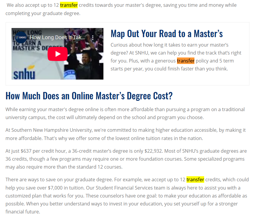 SNHU Online Master's Degree YouTube Embed and Cost Section
