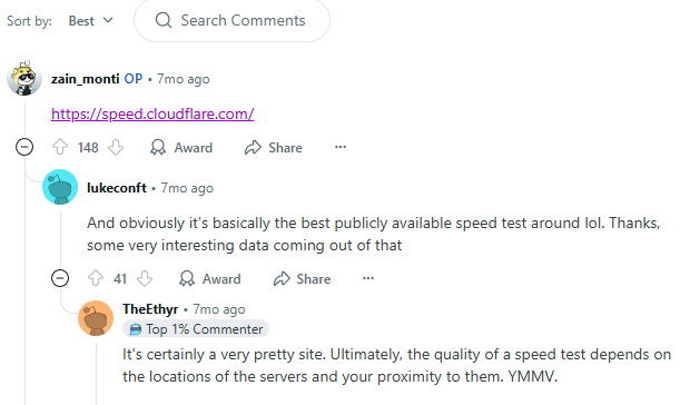 Cloudflare speed testing site URL gets 148 upvotes in Reddit thread