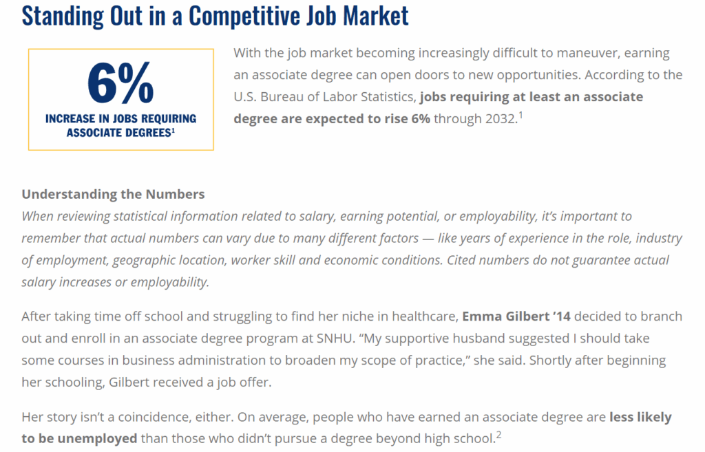 Dedicate section for job market statistics on SNHU Online Degree page