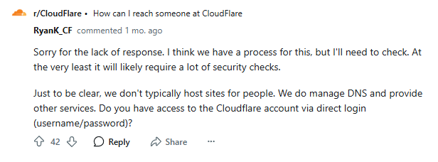 Top comment from Cloudflare moderator and employee u/RyanK_CF